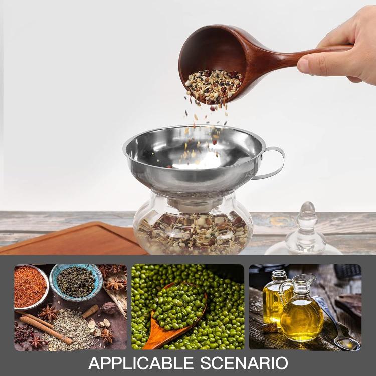 Stainless steel funnel with side handle and wide opening, pouring small ingredients