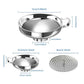 Stainless steel funnel with perforated strainer insert, with size measurement diagram