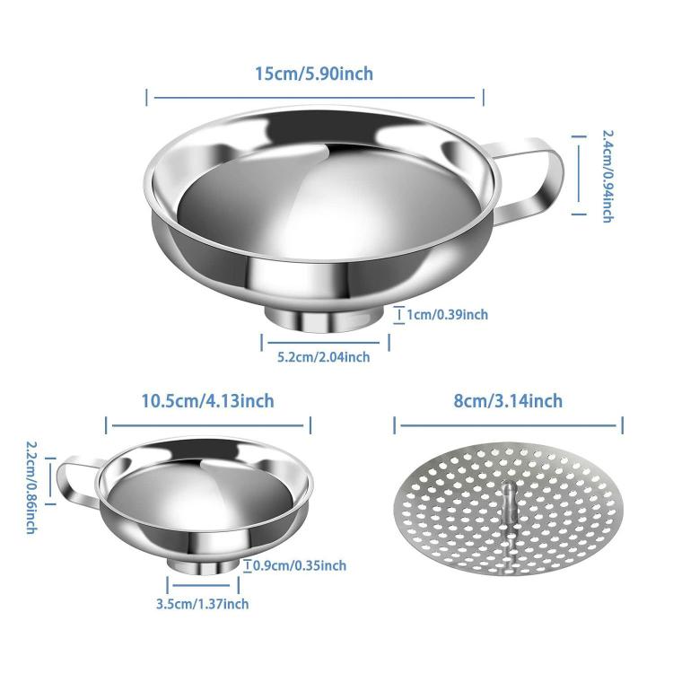 Stainless steel funnel with perforated strainer insert, with size measurement diagram
