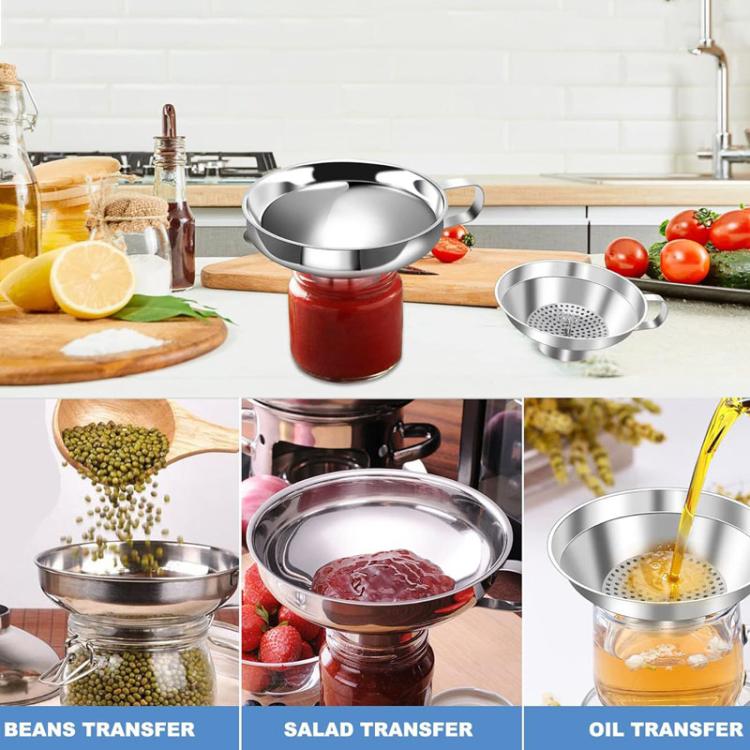Stainless steel funnel set with strainers and handles for transferring ingredients from jars