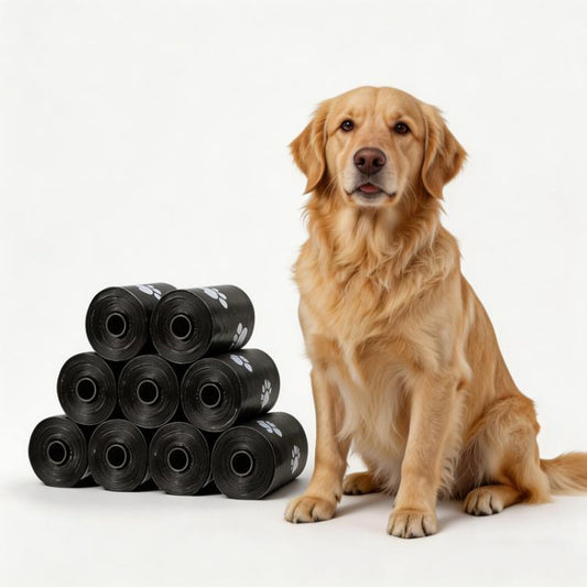 Black dog waste bag rolls with white paw-print pattern