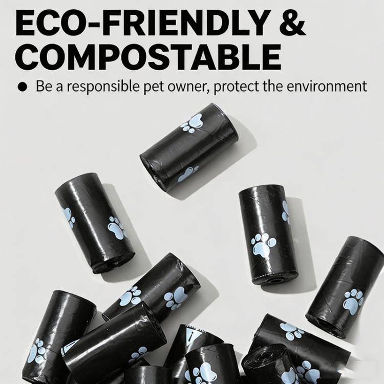 Black dog waste bag rolls with blue paw-print designs