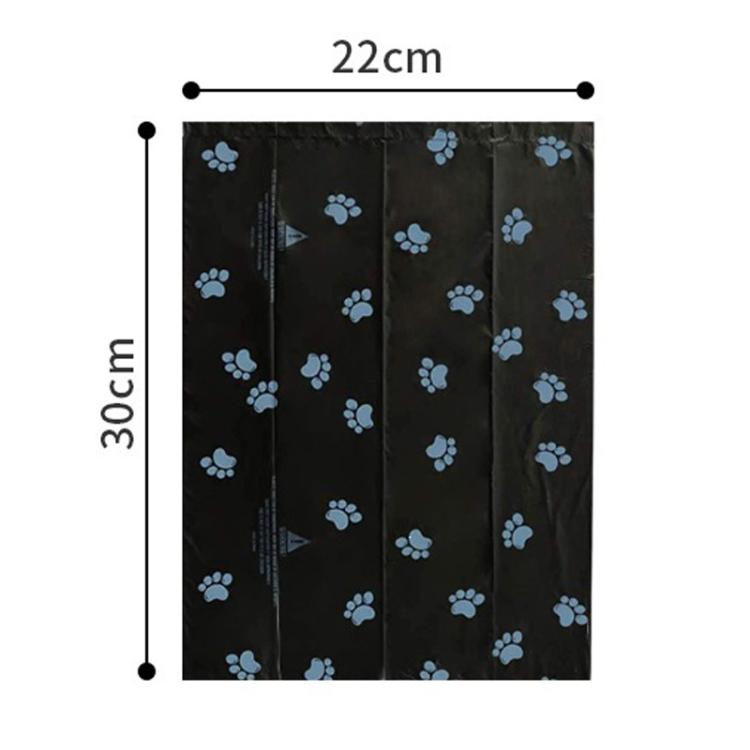 Black dog waste bags with blue paw-print pattern, front size view