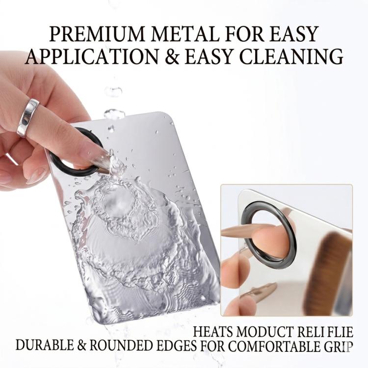 Metal makeup mixing spatula and palette with rounded edges for easy cleaning