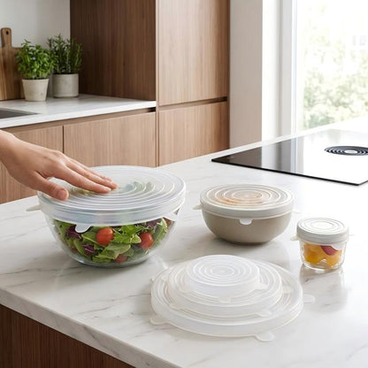Clear round silicone food storage lids set, with raised rim and grip tabs