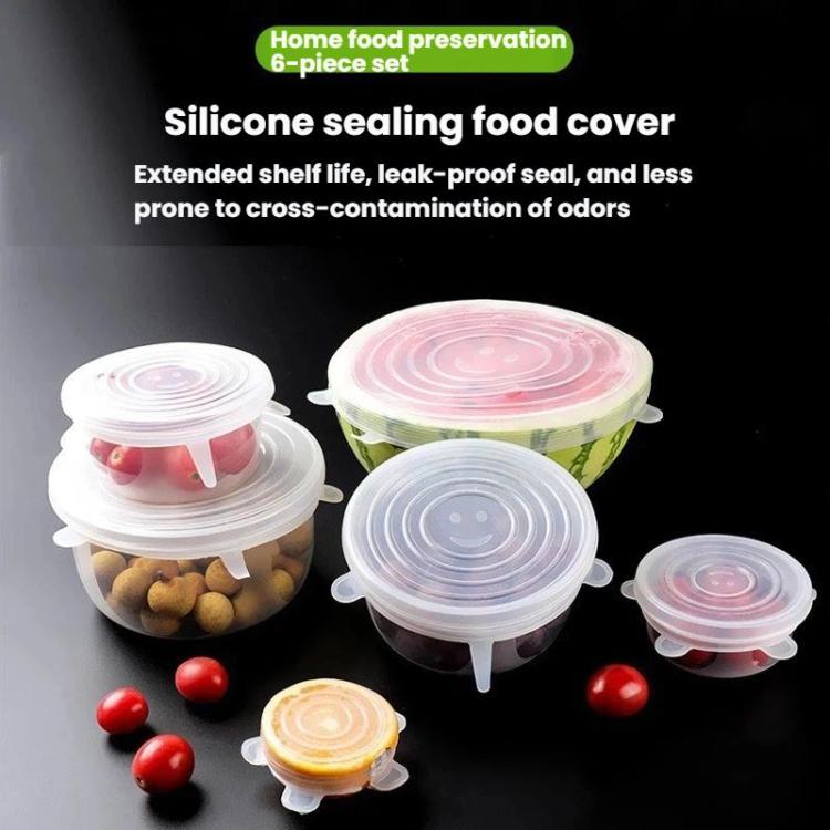Clear round silicone sealing food covers, 6-piece set with snap-on side tabs