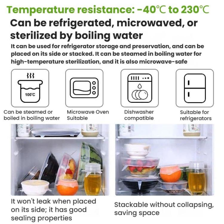 Clear round silicone food storage lids set, covering bowls in a refrigerator