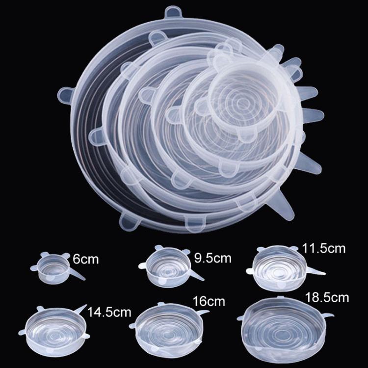 Clear round silicone lids set, multiple sizes shown with diameter labels