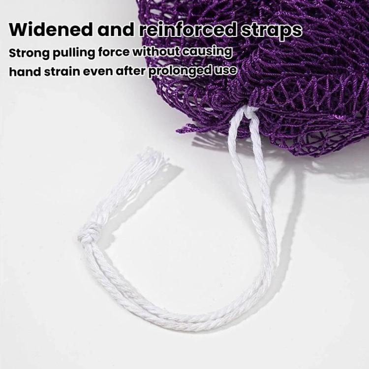 Purple long nylon bath towel with white drawstring cord and reinforced loop strap
