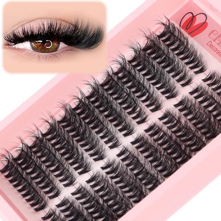 Curled black eyelash clusters and false lashes on tray, with model eye detail