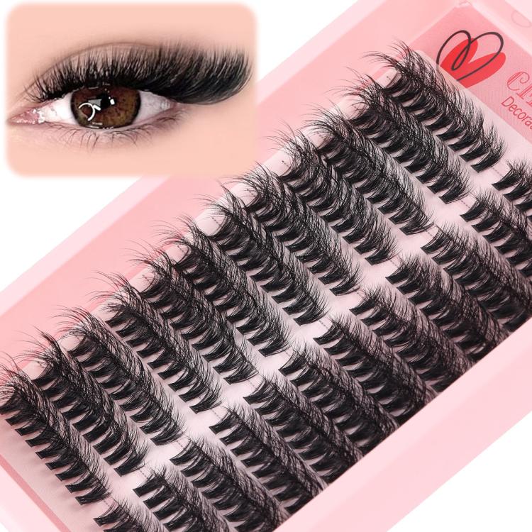 Black curled single-cluster eyelash strips with longer outer clusters on tray