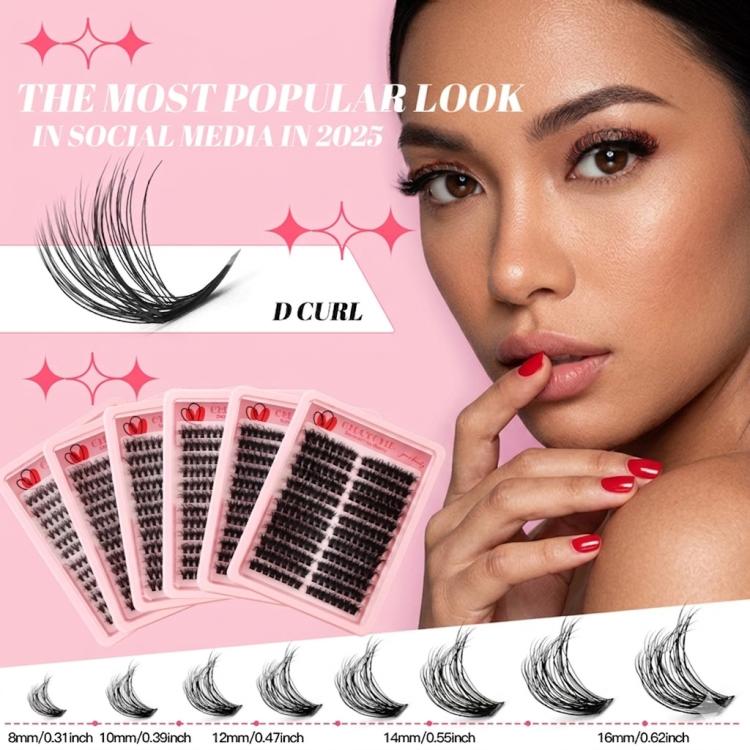 Eyelash extension kit with D-curl lash trays and curled false-lash samples
