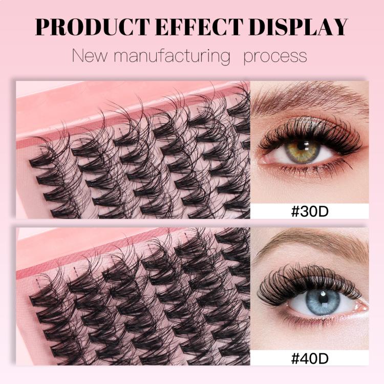 Curled single-cluster false eyelashes with dense clusters, shown on eye (#30D/#40D)