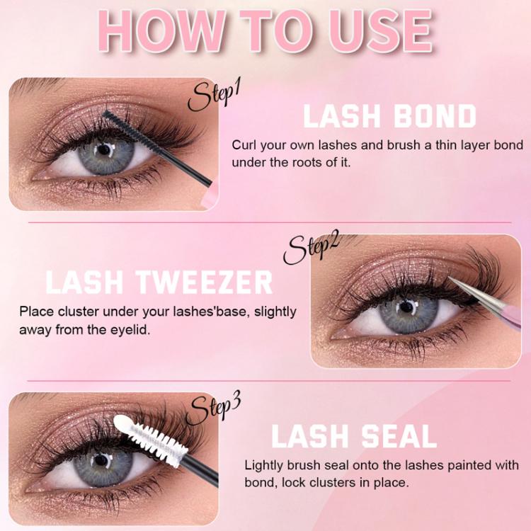 DIY lash extension kit usage steps: lash bond, tweezers, lash seal for cluster lashes