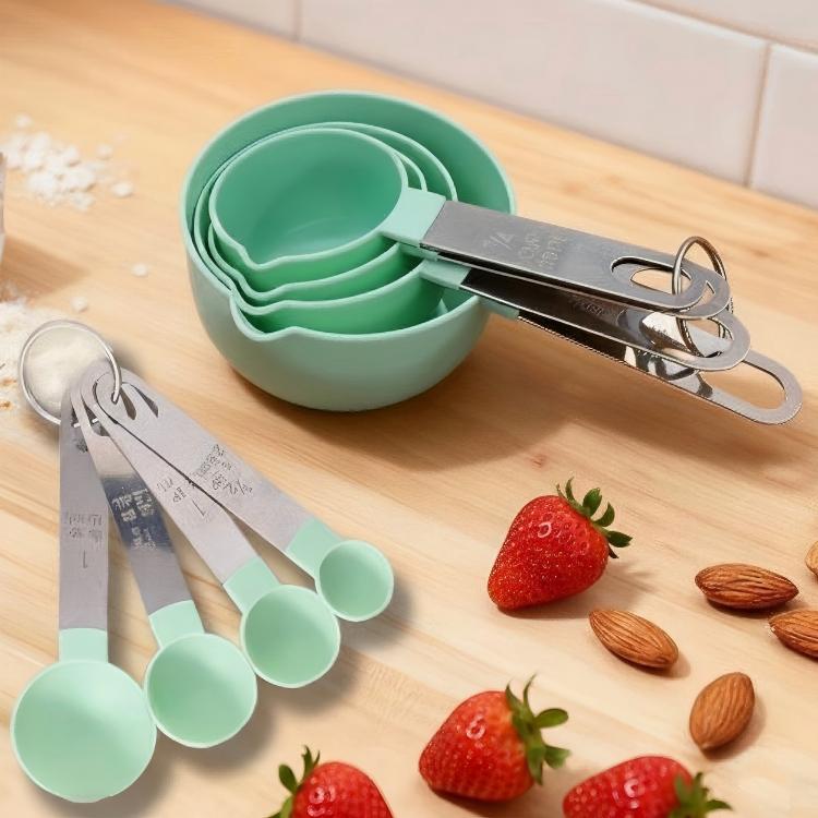 Mint green silicone measuring spoon set with stainless steel handles, 8-piece graduated cups