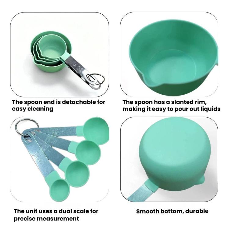 Mint green silicone measuring spoons with detachable ends and smooth, durable design
