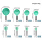 Mint green silicone measuring spoons shown with different capacity sizes, stainless handles