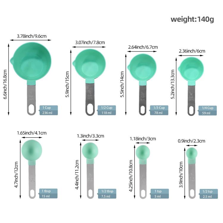 Mint green silicone measuring spoons shown with different capacity sizes, stainless handles