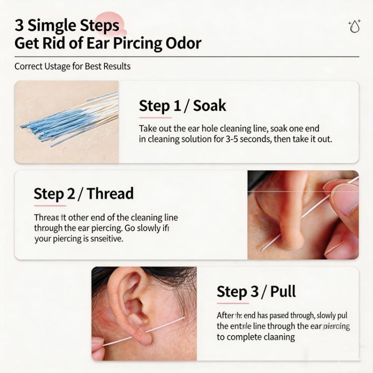 Ear hole cleaning kit steps showing disposable floss lines for soaking, threading, pulling