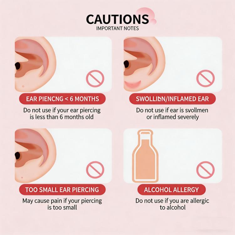 Caution panel for disposable ear piercing cleaning threads with warning icons