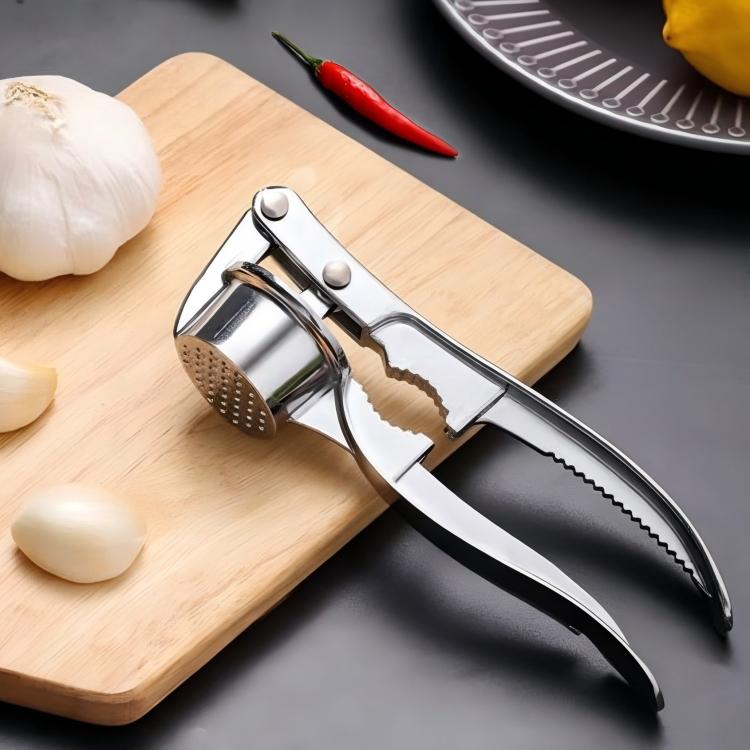 Manual aluminum alloy garlic press with pull lever and ridged crushing plate