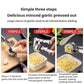 Manual garlic press showing open and closed stages for pressing cloves into a container