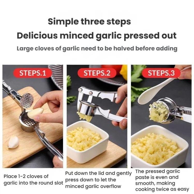 Manual garlic press showing open and closed stages for pressing cloves into a container