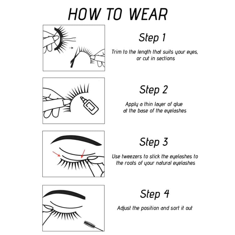 False eyelash set with a how-to application diagram showing trim and glue steps