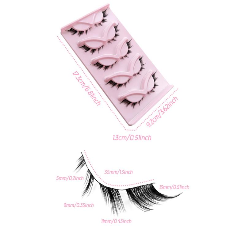 Five pairs of black false eyelashes on pink tray with length and band size guides