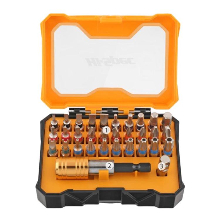 Ratchet screwdriver bit set in orange and black case with mixed metal bits