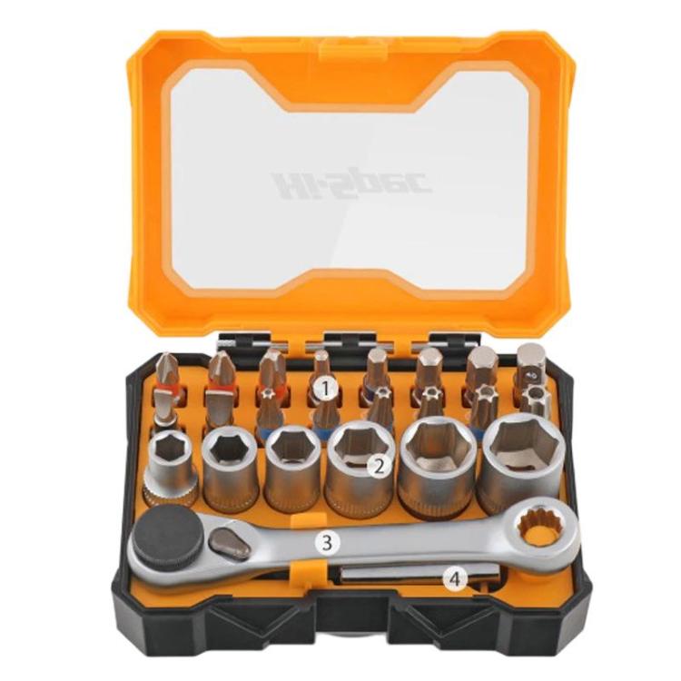 Ratchet screwdriver bit set with orange case and socket-style bit holders