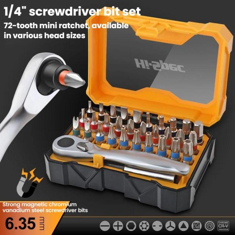 1/4 ratchet screwdriver bit set with orange case and chrome bit holder