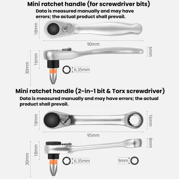 Mini ratchet screwdriver handle with labeled bit sizes and measurements, 2-in-1 design