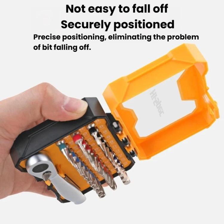 Ratchet screwdriver bit set secured in orange-and-black case with bits