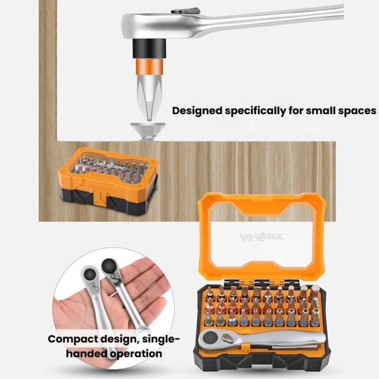 Ratchet screwdriver bit set with orange case and assorted slotted, Phillips, Torx bits