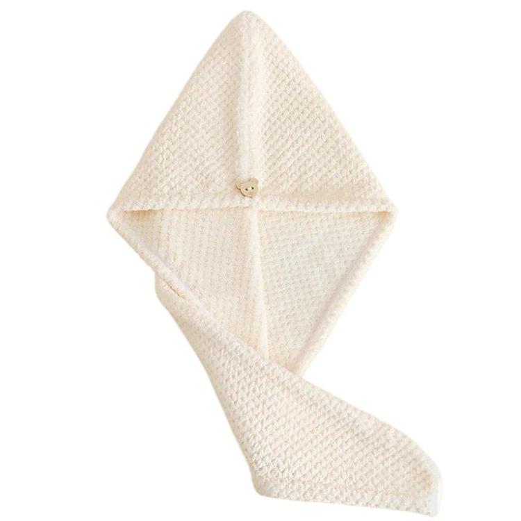 Beige coral fleece hair drying cap with diamond shape and button detail