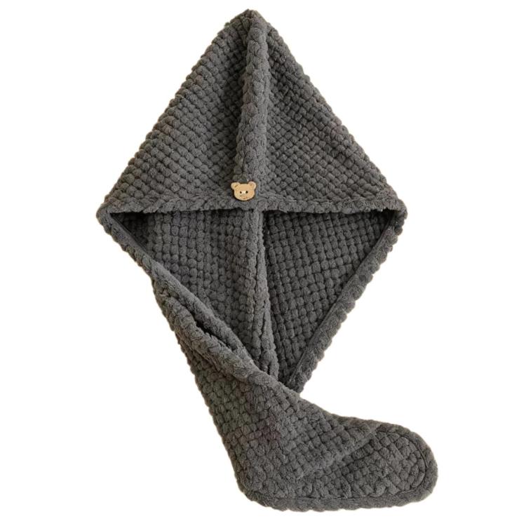 Dark gray coral fleece hair drying cap with diamond shape and button detail