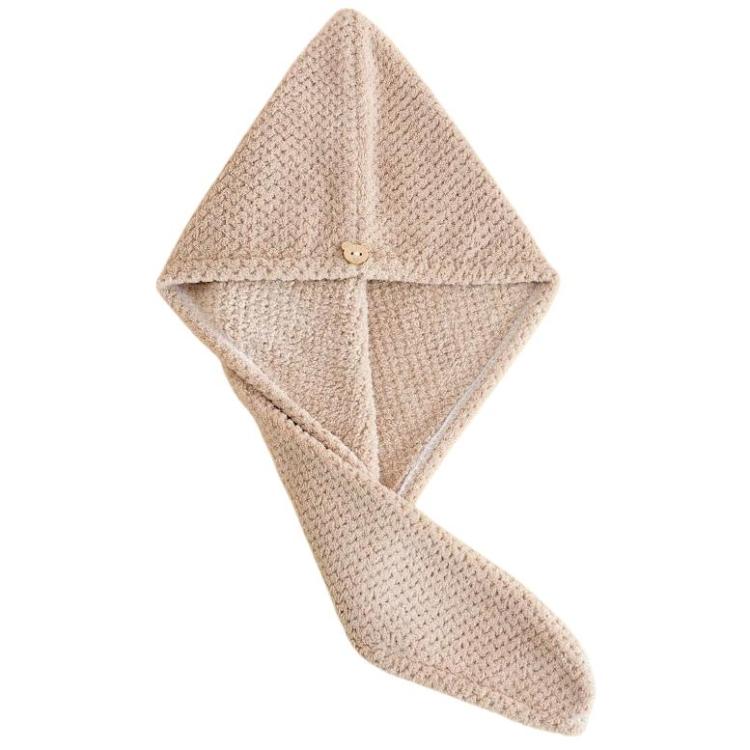 Taupe beige coral fleece hair drying cap with diamond shape and button detail