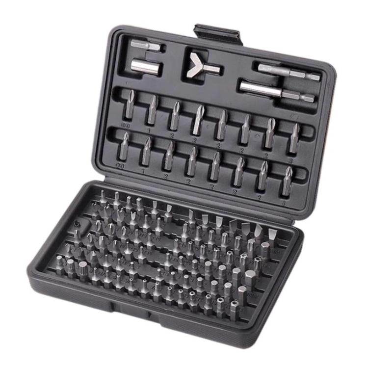 Screwdriver bit set with slotted, Phillips, hex, Torx bits in open black case