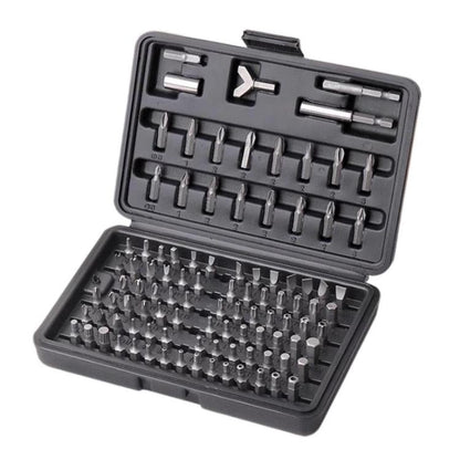 Screwdriver bit set with slotted, Phillips, hex, Torx bits in open black case