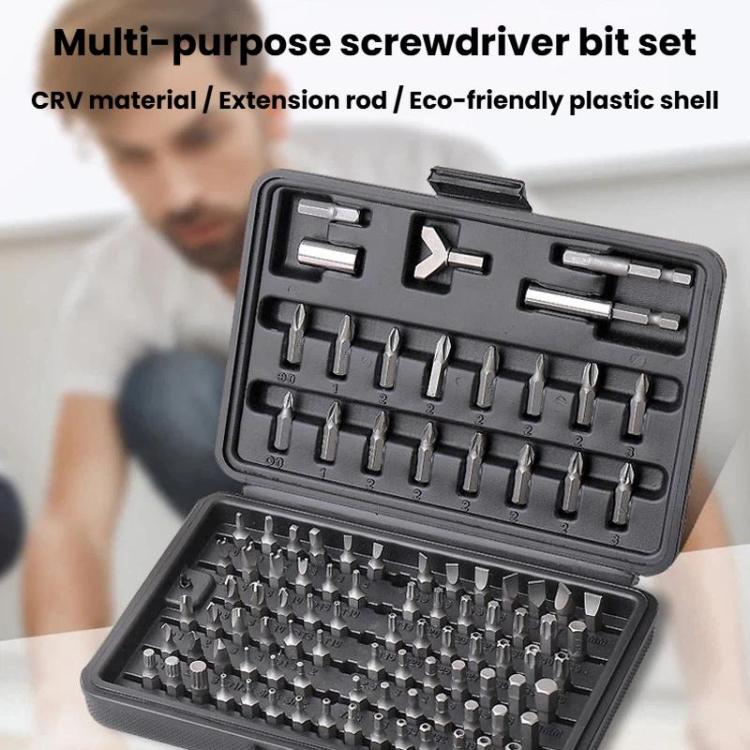 Screwdriver bit set in open black case showing multiple bit types
