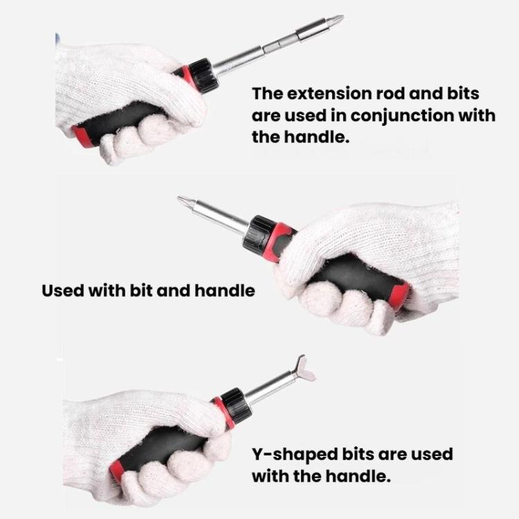 Screwdriver bit set with extension rod and Y-shaped bits used with handle