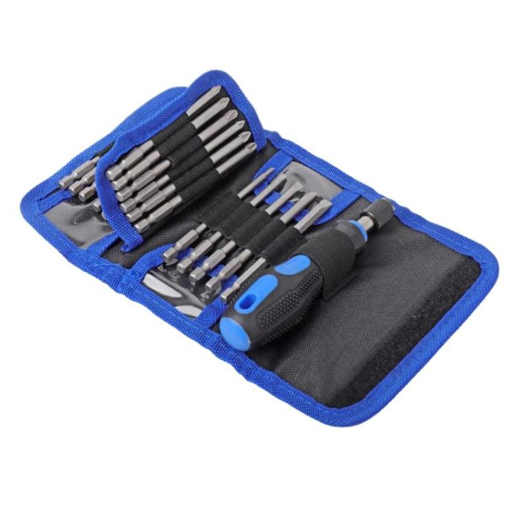 Screwdriver bit set in blue fabric pouch with screwdriver handle and assorted bits