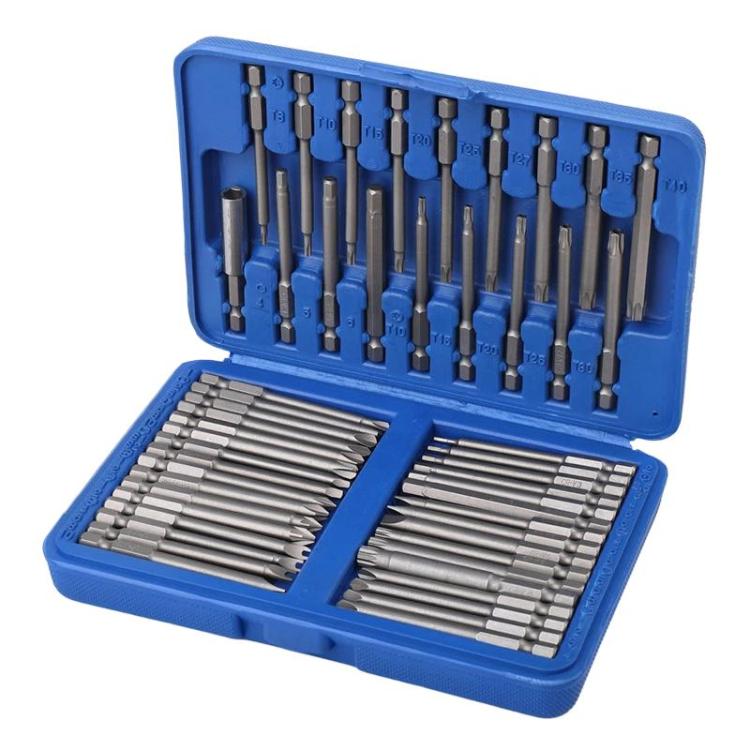 Screwdriver bit set in blue plastic case with multiple long bit pieces