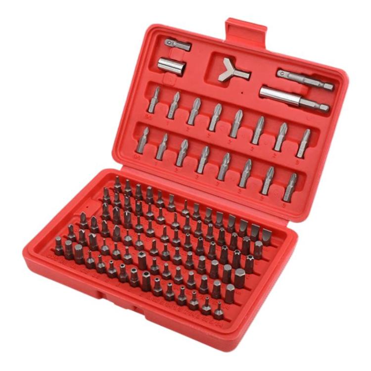 Screwdriver bit set in red plastic case with slotted, Phillips, and hex bits