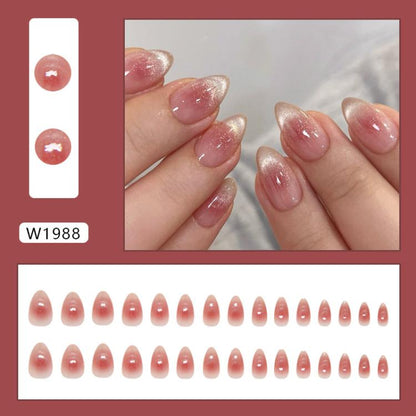 Translucent jelly pink press-on nails, short almond shape with glossy ombre glitter finish