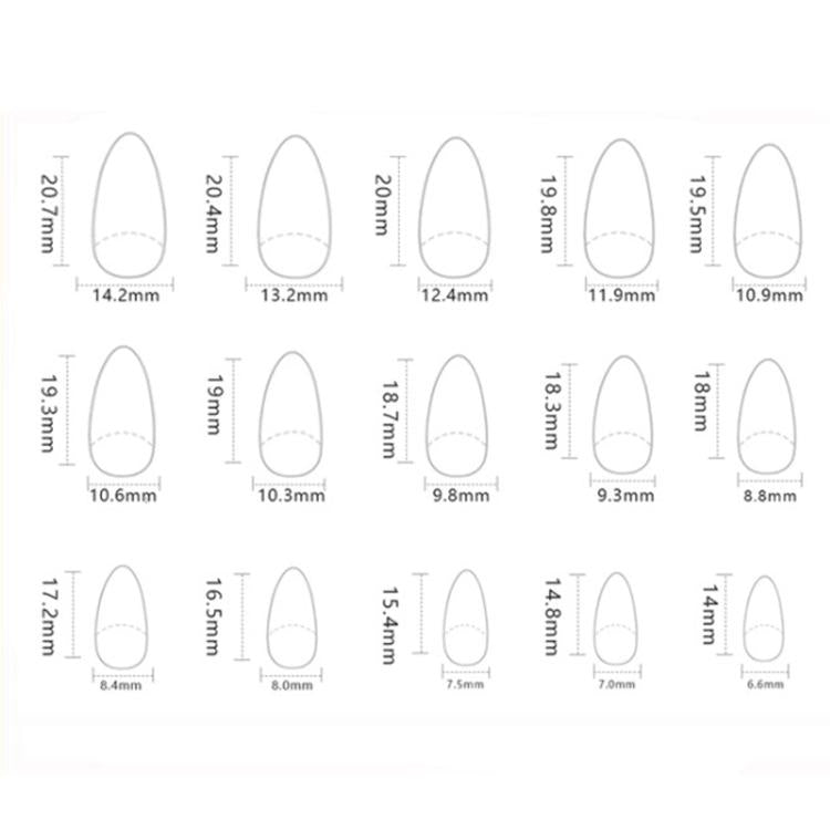 Press-on nail size chart with oval tips and millimeter measurements for short almond fit