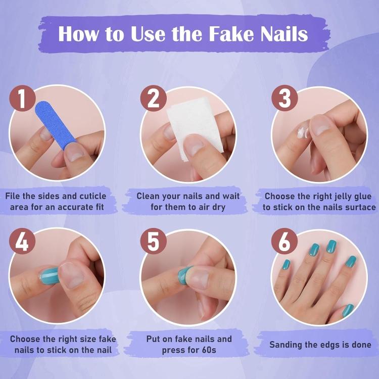 How-to-use guide for fake press-on nails, showing step-by-step application process