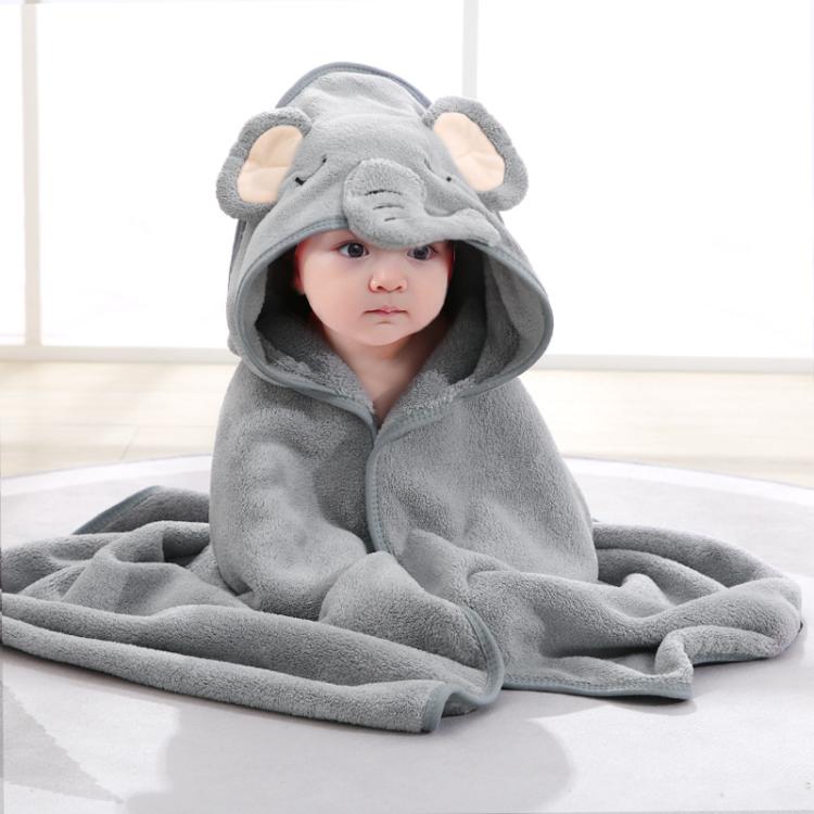 Gray animal-hood baby swaddle towel with soft fleece cape, folded blanket