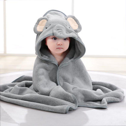 Gray animal-hood baby swaddle towel with soft fleece cape, folded blanket